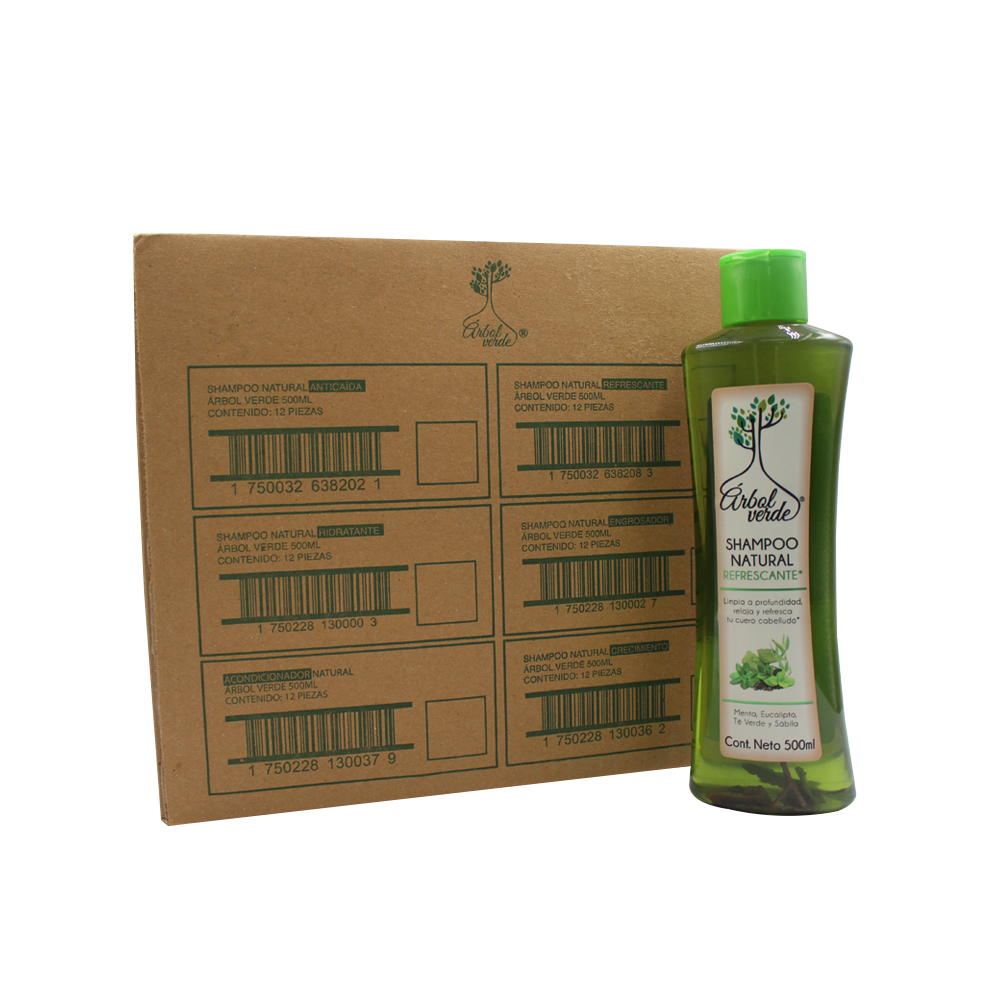 Caja de Shampoo Natural Refrescante Árbol Verde 500 ml. (12 pzs)