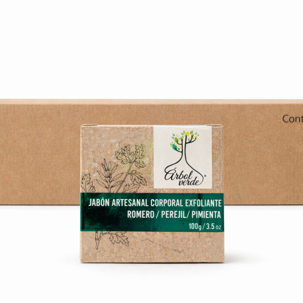Caja Árbol Verde Jabón Barra Corporal Exfoliante 100 gr. (12 pzas.)