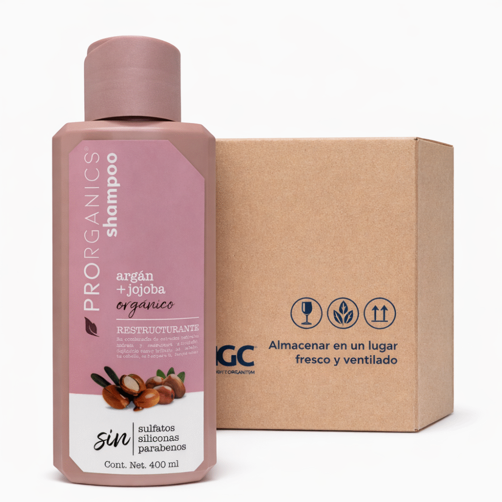 Caja Prorganics Shampoo Reestructurante con Aceite de Argán y Jojoba Orgánico 400ml (12 pzas.)