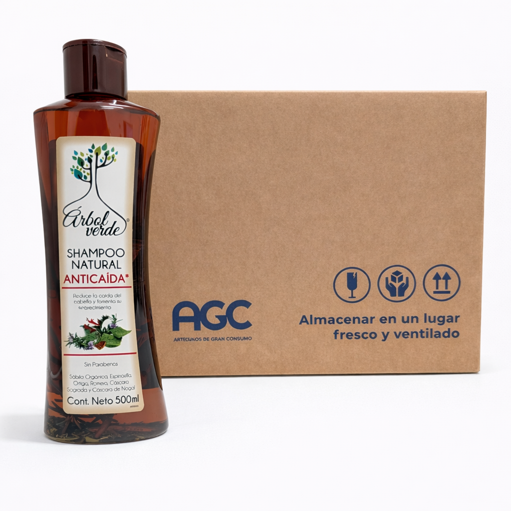 Caja Árbol Verde Shampoo Anticaida 500 ml. (12 pzas.)