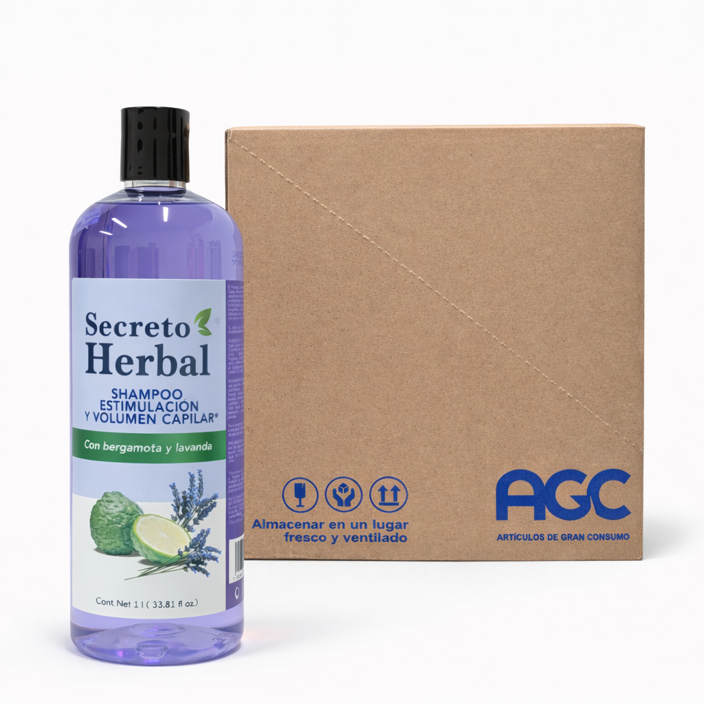 Caja de Shampoo Estimulación y Volumen Capilar Bergamota y Lavanda Secreto Herbal 1 litro (6 pzas.)