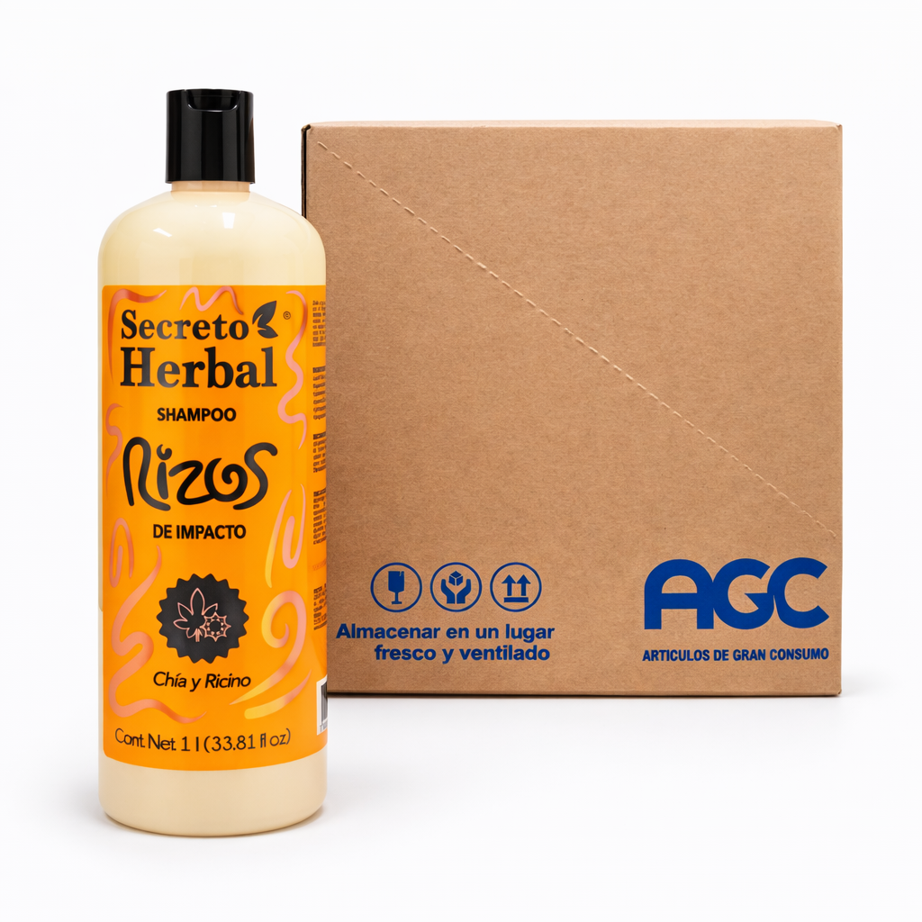 Caja Secreto Herbal Shampoo Rizos Chía y Ricino 1L.