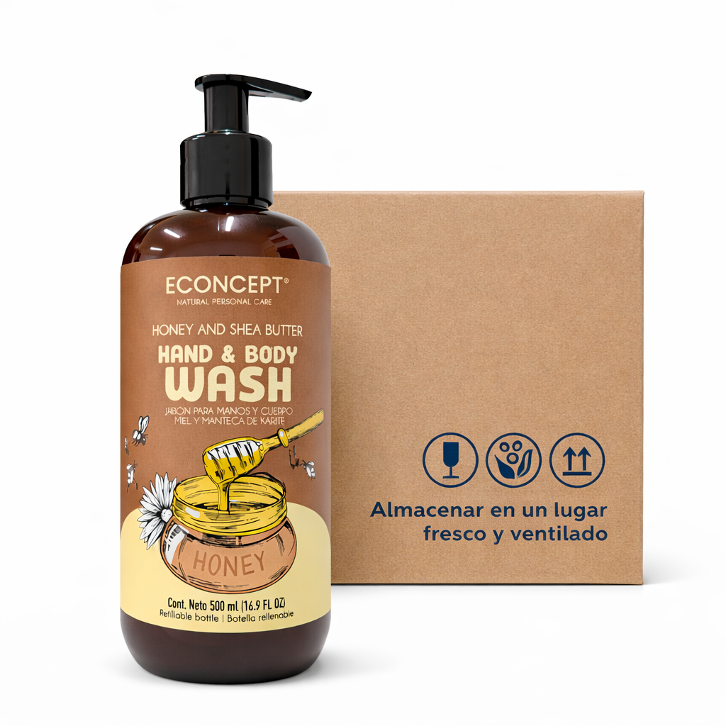 Caja Econcept Jabón Corporal y de Manos Miel y Manteca de Karite Frasco Rellenable 500 ml