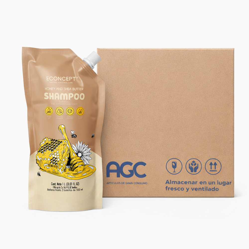 Caja Econcept Shampoo Miel y Manteca de Karite Bolsa 1 L (6 Pzs)