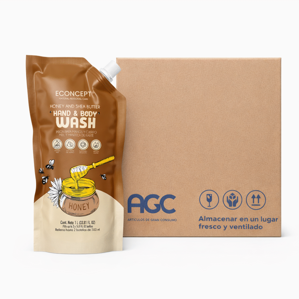 Caja Econcept Jabón Corporal y de Manos Miel y Manteca de Karite Bolsa 1 L (6 Pzs)