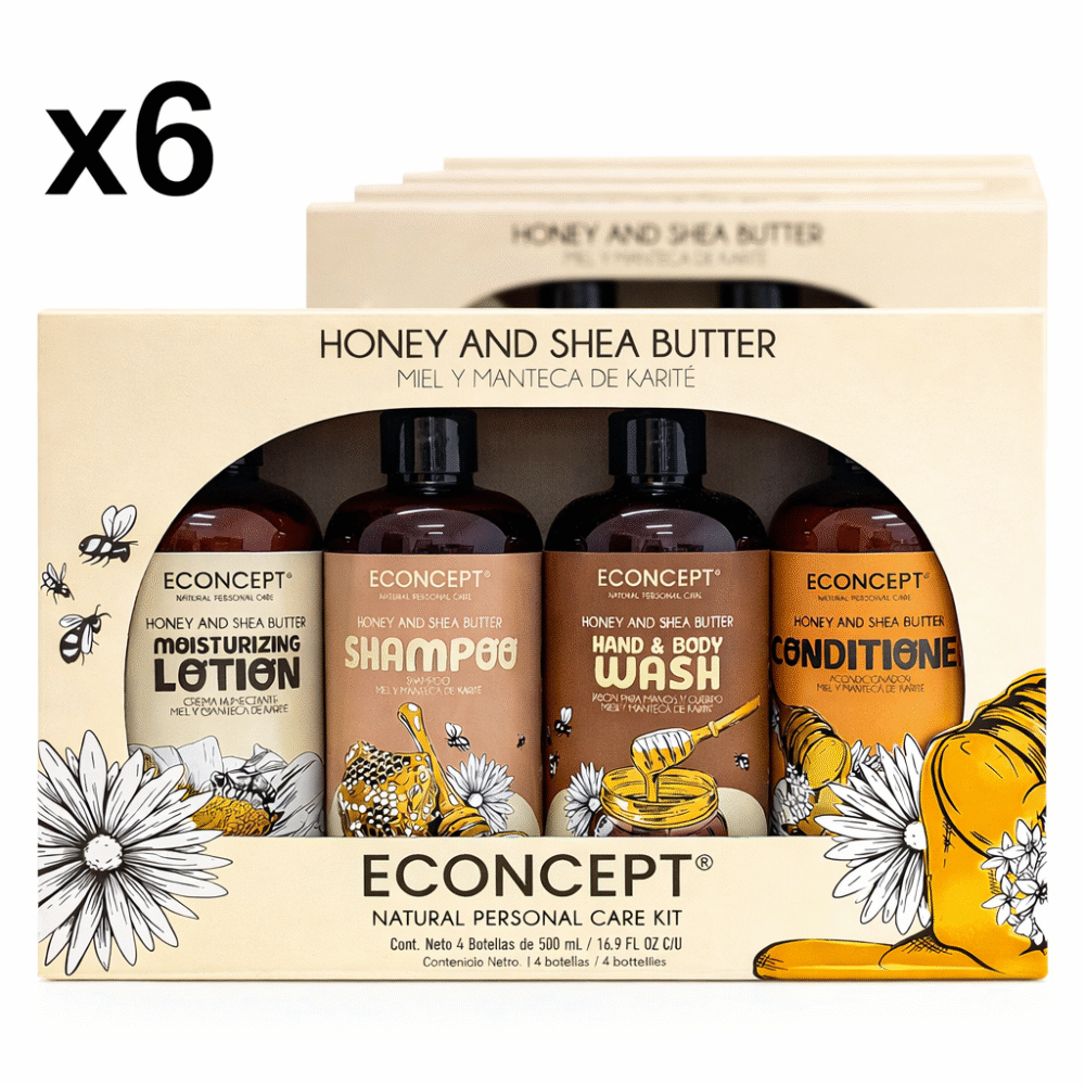 Caja Econcept KIT Shampoo, Acondicionador, Jabón y Crema Corporal Miel y Manteca de Karite (6 Kits de 4 Frascos c/u)