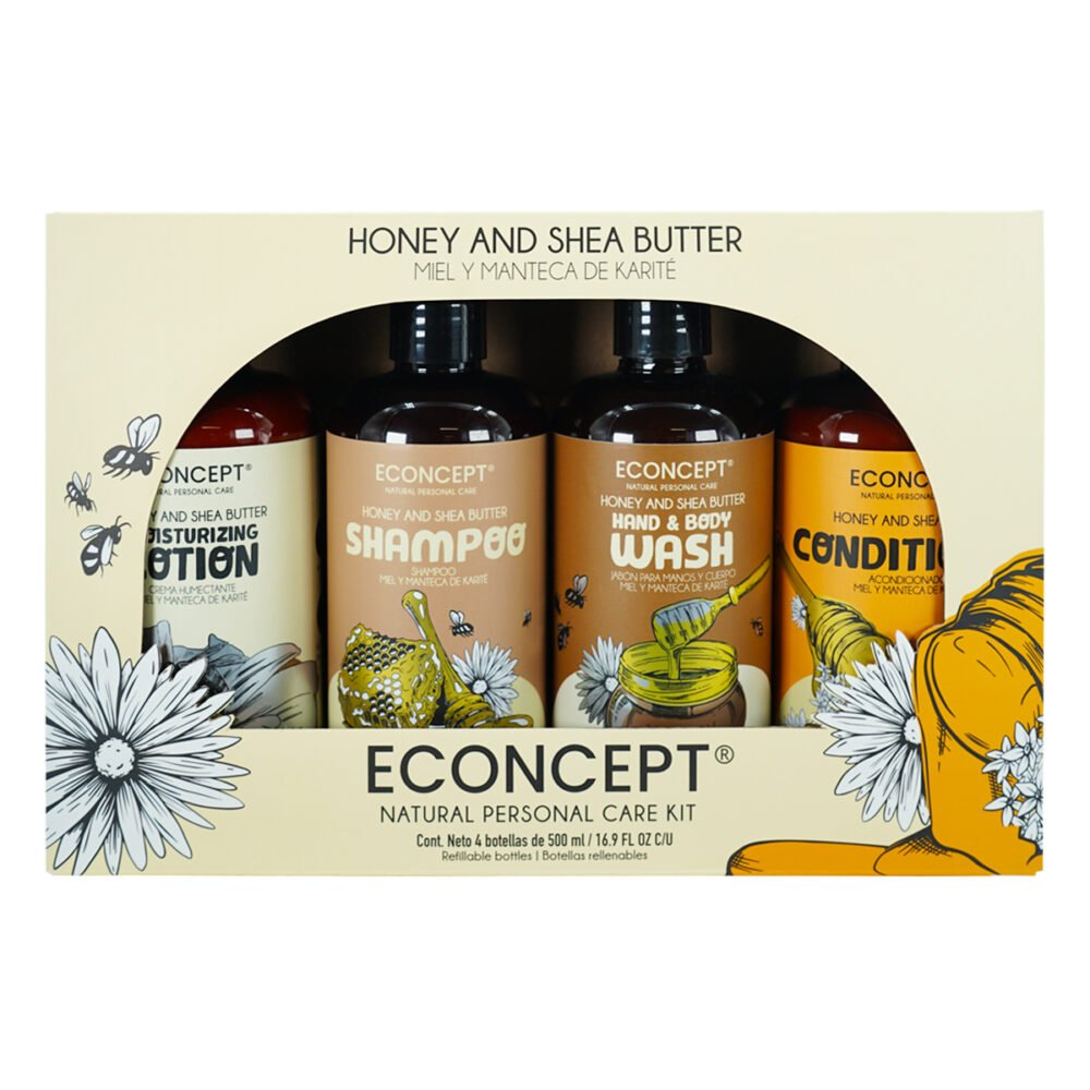Caja Econcept KIT Shampoo, Acondicionador, Jabón y Crema Corporal Miel y Manteca de Karite (6 Kits de 4 Frascos c/u)